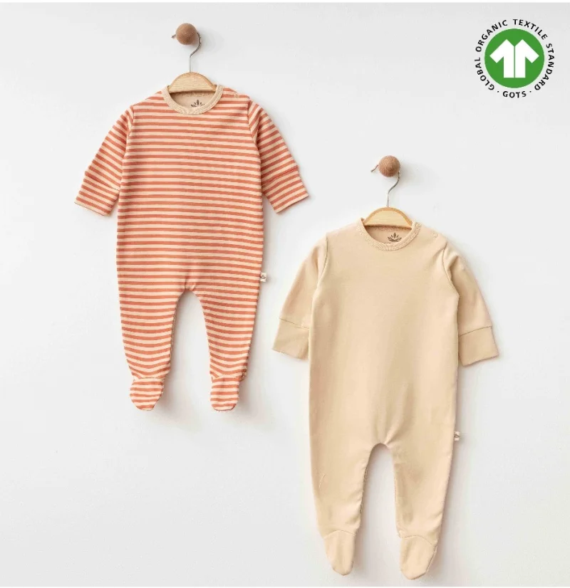 Krem Kiremit Çizligi 2'li Organik Pamuklu Tulum 