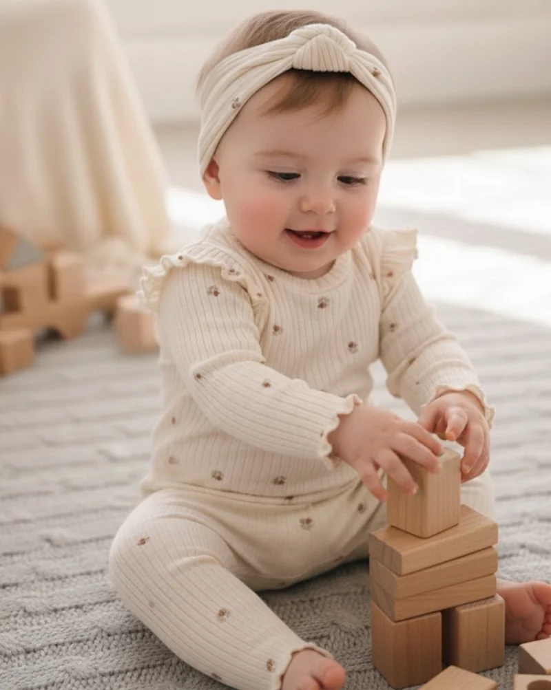 Krem Fitilli Kız Bebek Bandanalı Takım 