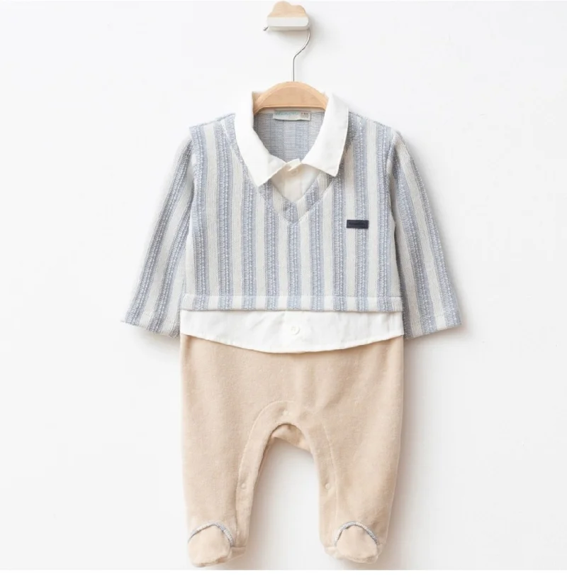 Gömlek Detaylı Bej Bebek Tulum 