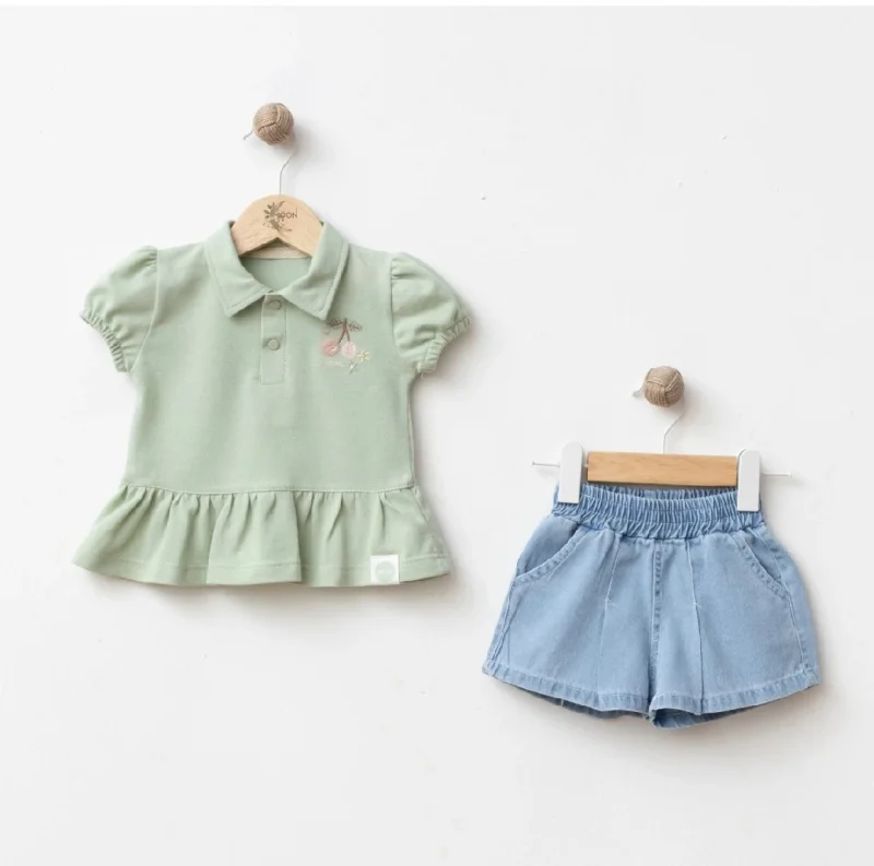 Yeşil Kirazlı Polo Denim Takım 