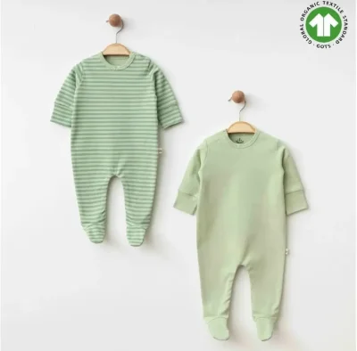 Çizgili İkili Organik Pamuklu Yeşil Tulum 