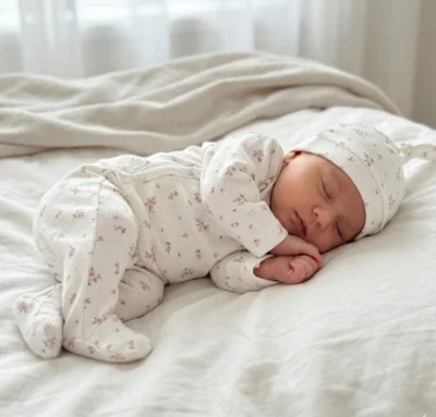 Çiçek Desenli Beyaz Yenidoğan Takım 