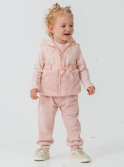 Pembe Peluş Yelekli Takım 