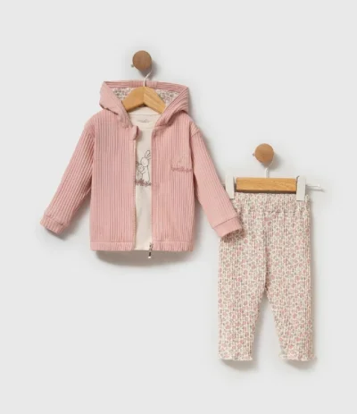 3'lü Gül Kurusu Hırka Fitilli Takım 