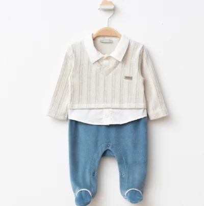 Gömlek Detaylı Mavi Bebek Tulum 