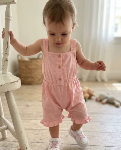 Fırfırlı Pamuklu Bebek Tulumu Pembe
